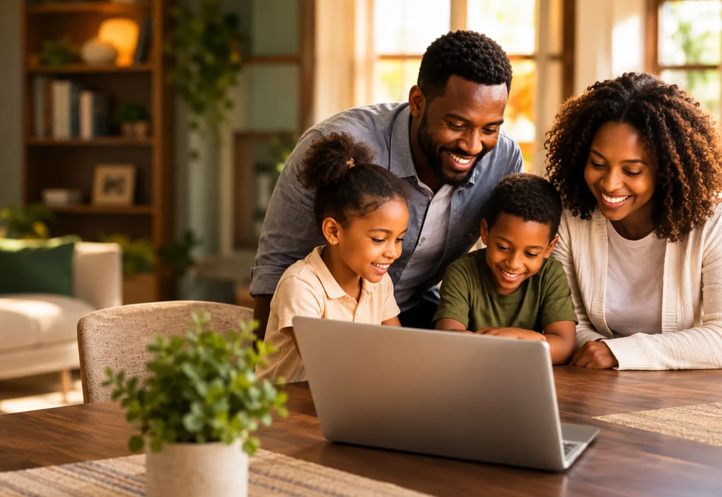 Parents and two children learning together on a laptop